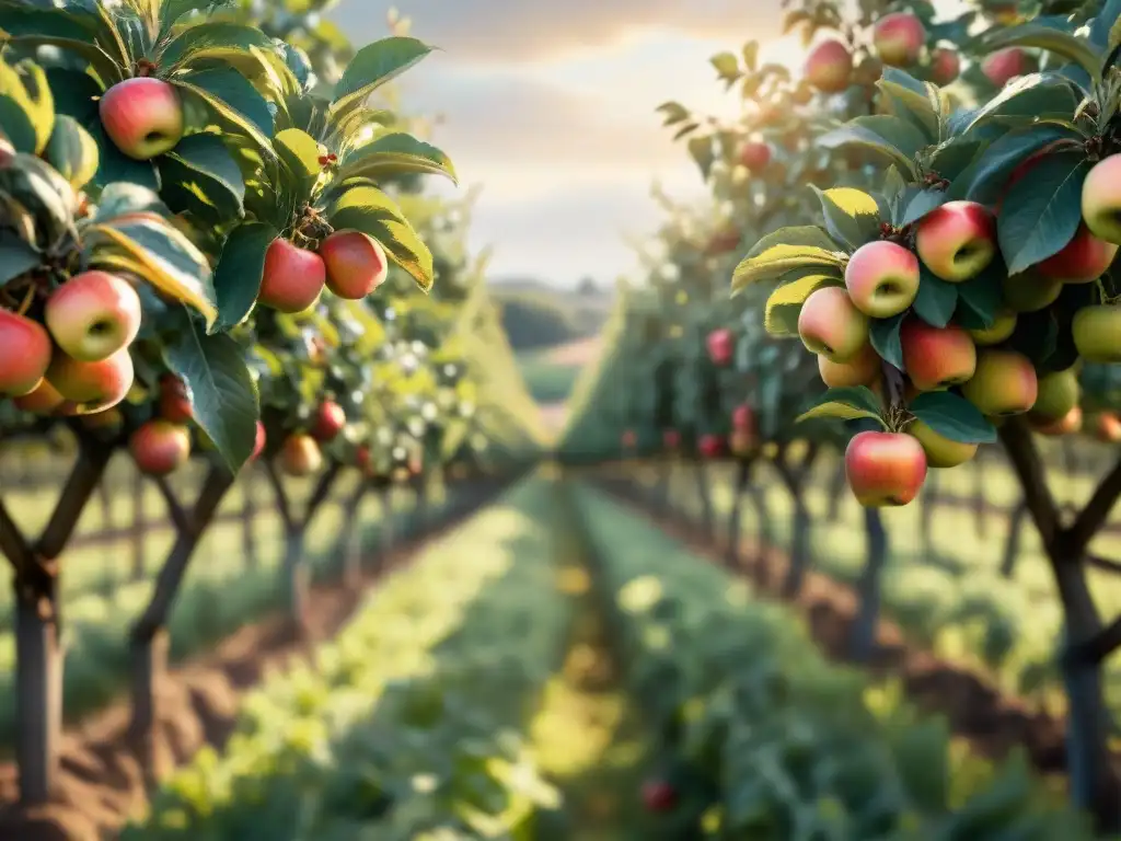 Un campo de manzanos francés rústico con manzanas maduras listas para cosechar, iluminado por cálido sol dorado