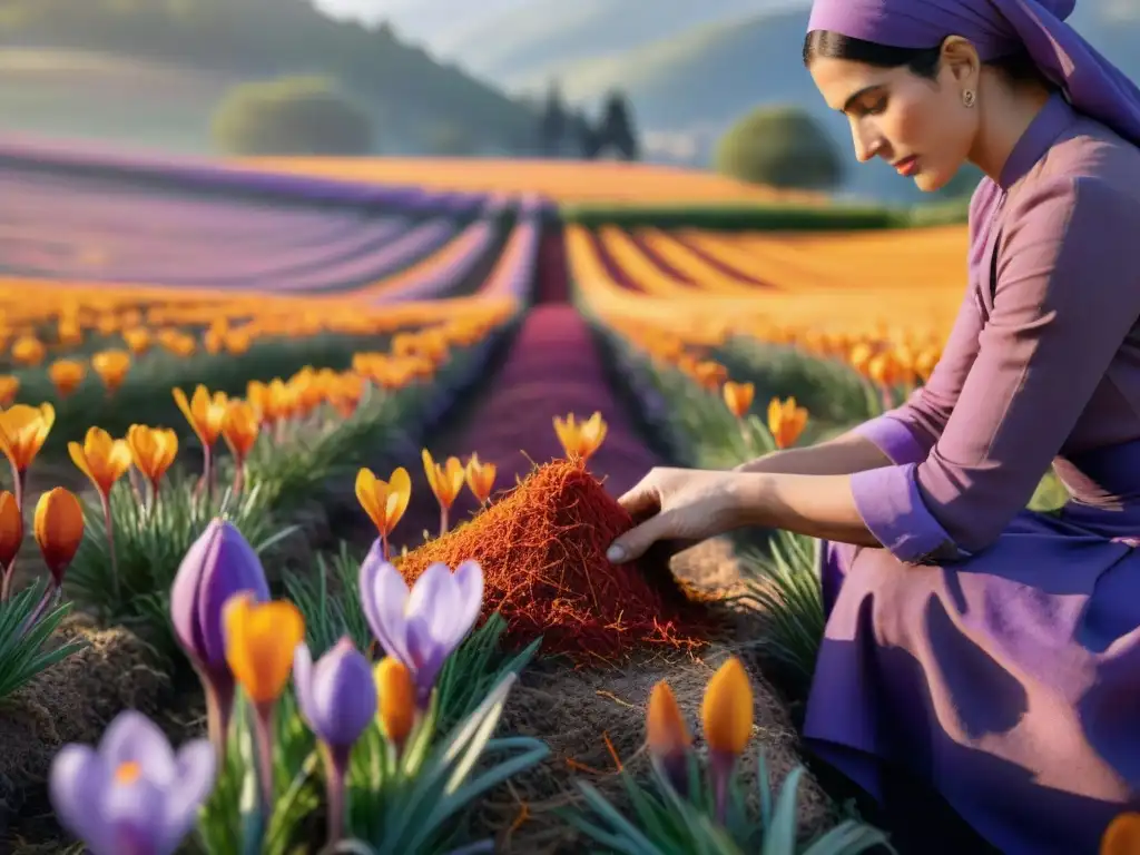 Un campo soleado en el sur de Francia, donde el azafrán se cosecha a mano, destacando la delicadeza de sus hilos rojos