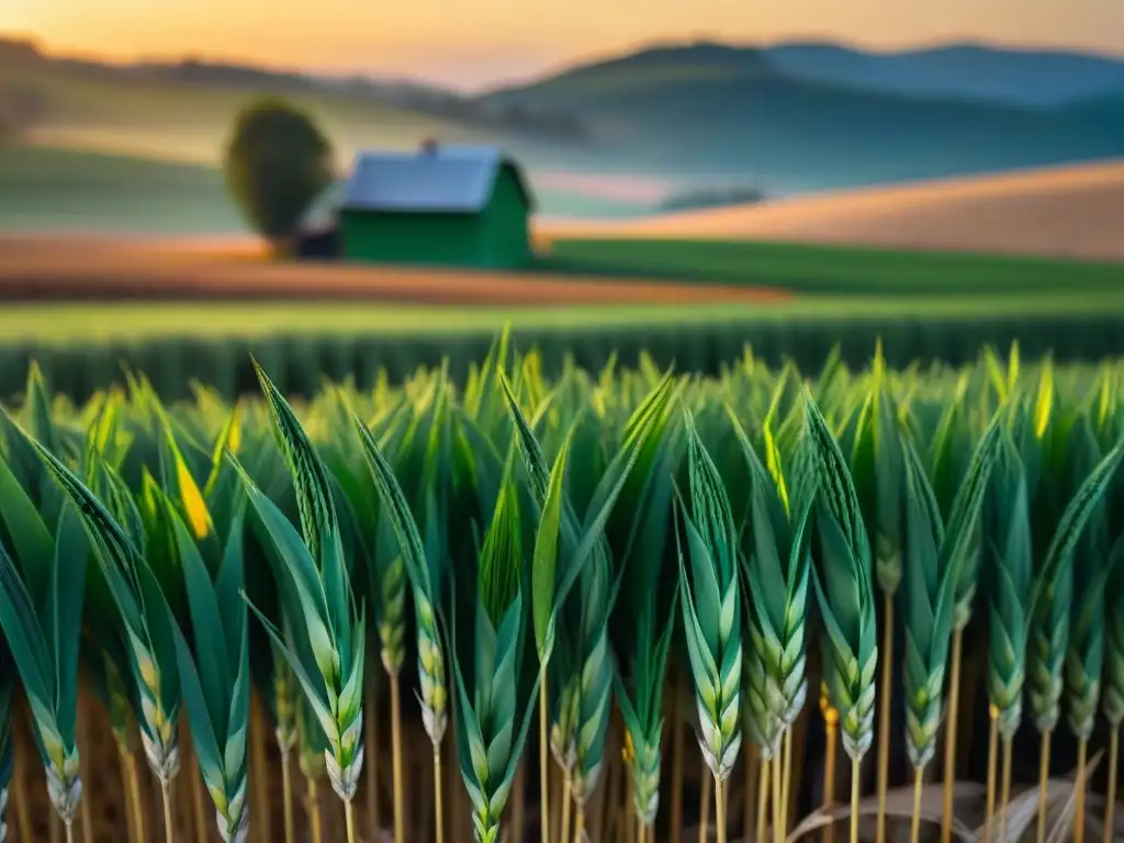 Campo de trigo dorado al atardecer en Francia, con granja al fondo