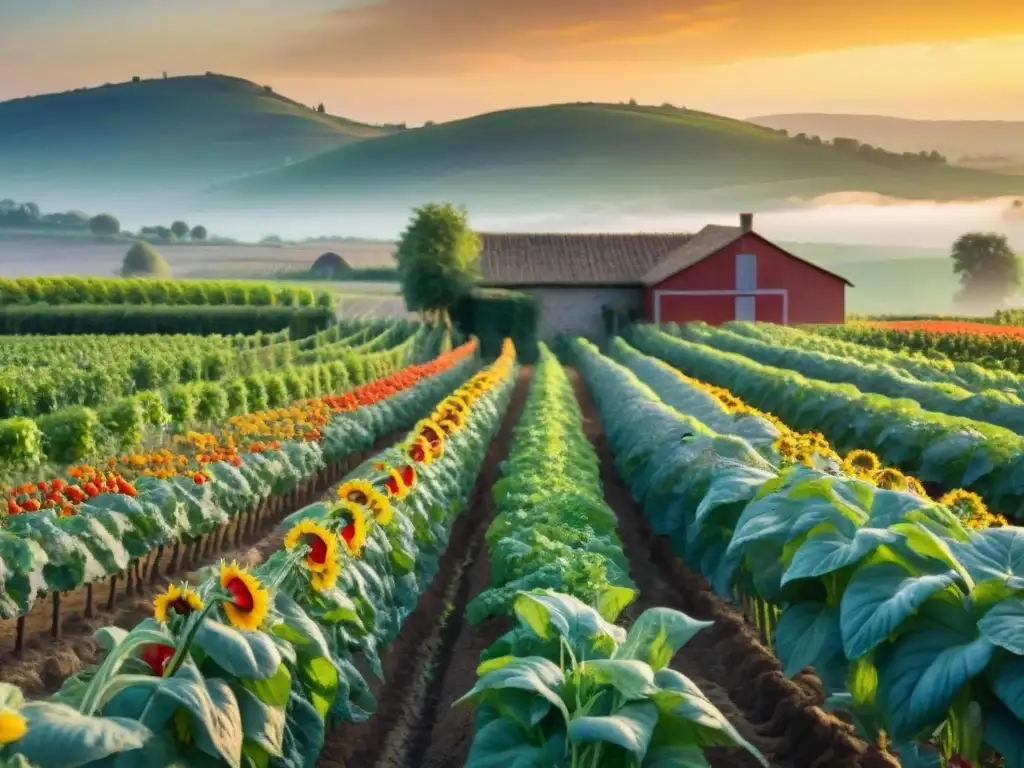 Un campo vibrante y exuberante en la campiña francesa, con cultivo de verduras y un atardecer dorado