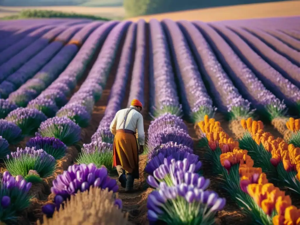 Campos de azafrán en Quercy, Francia, expertos cosechando azafrán