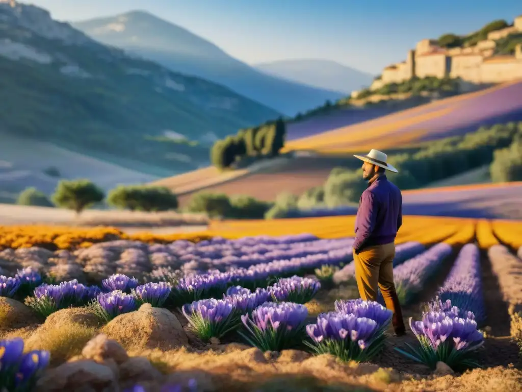 Campos de azafrán en flor en Provence, Francia, con abejas polinizando