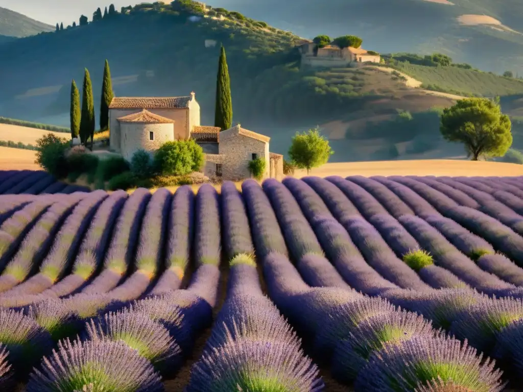 Campos de lavanda en Provenza: filas de plantas moradas bajo el sol radiante, casas de piedra y colinas al fondo