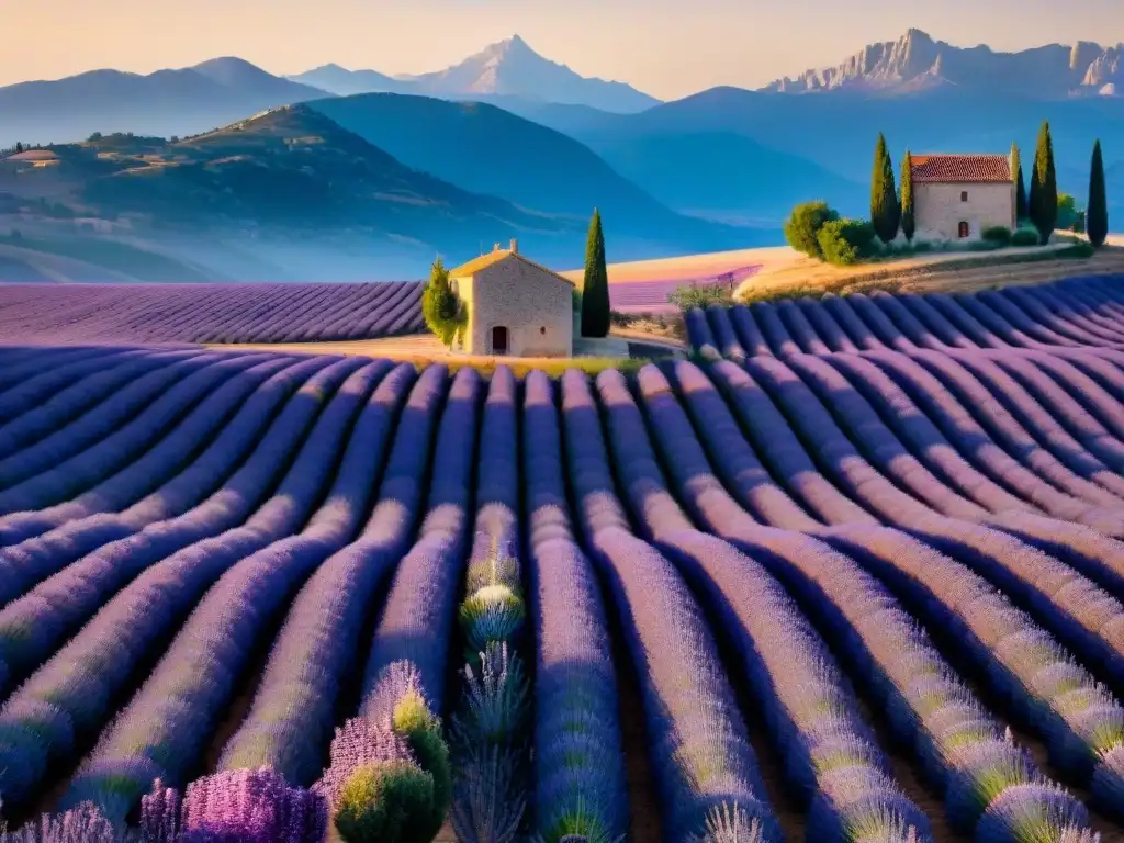 Campos de lavanda en Provenza: Un mágico paisaje de campos púrpuras bajo el sol y los Alpes al fondo