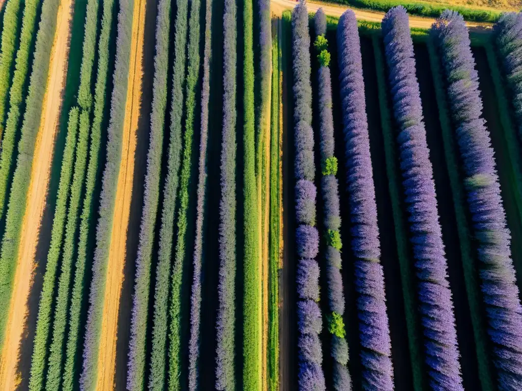 Campos de lavanda en Provenza: vista aérea de interminables campos de lavanda morada con colinas y granjas rústicas al fondo en un día soleado