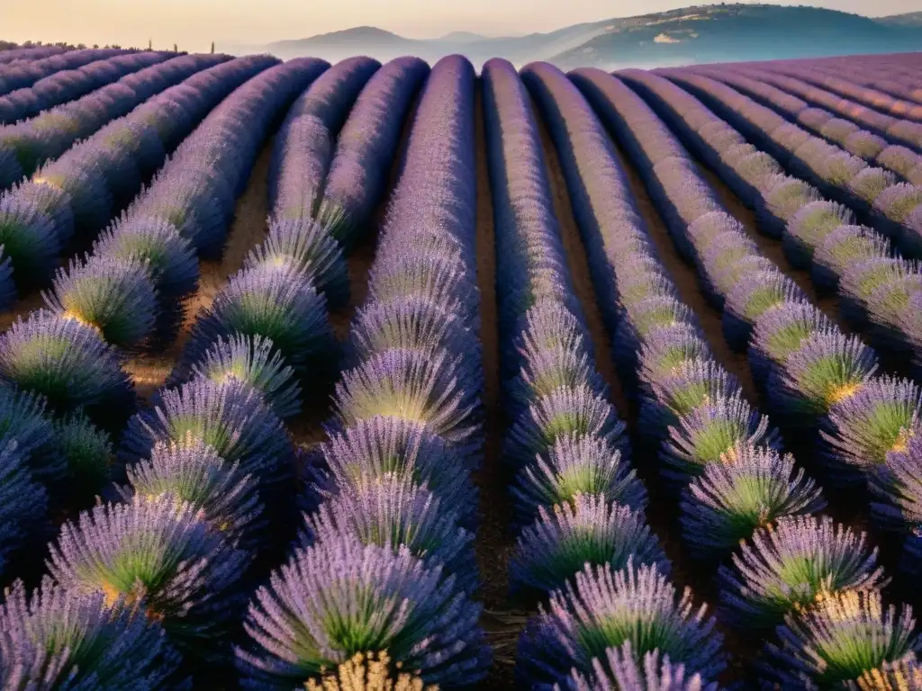 Campos de lavanda en Provenza: Vista aérea impresionante de campos violetas en flor, contrastando con el verde paisaje de colinas