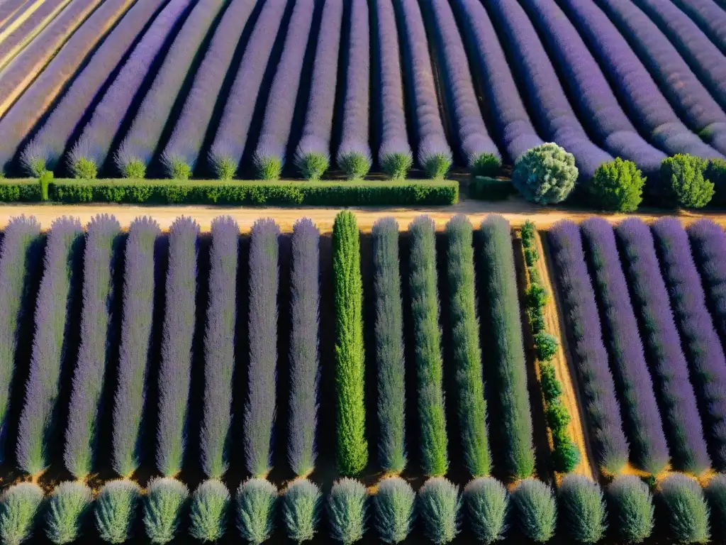 Campos de lavanda púrpura en Provence con casa rural entre ellos, bajo cielo azul