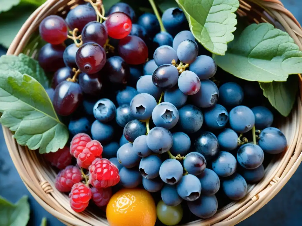 Canasta de alimentos franceses antioxidantes salud, vibrantes y frescos, con uvas moradas, frambuesas rojas, espinacas verdes, zanahorias naranjas y arándanos azules, brillando bajo la suave luz matutina