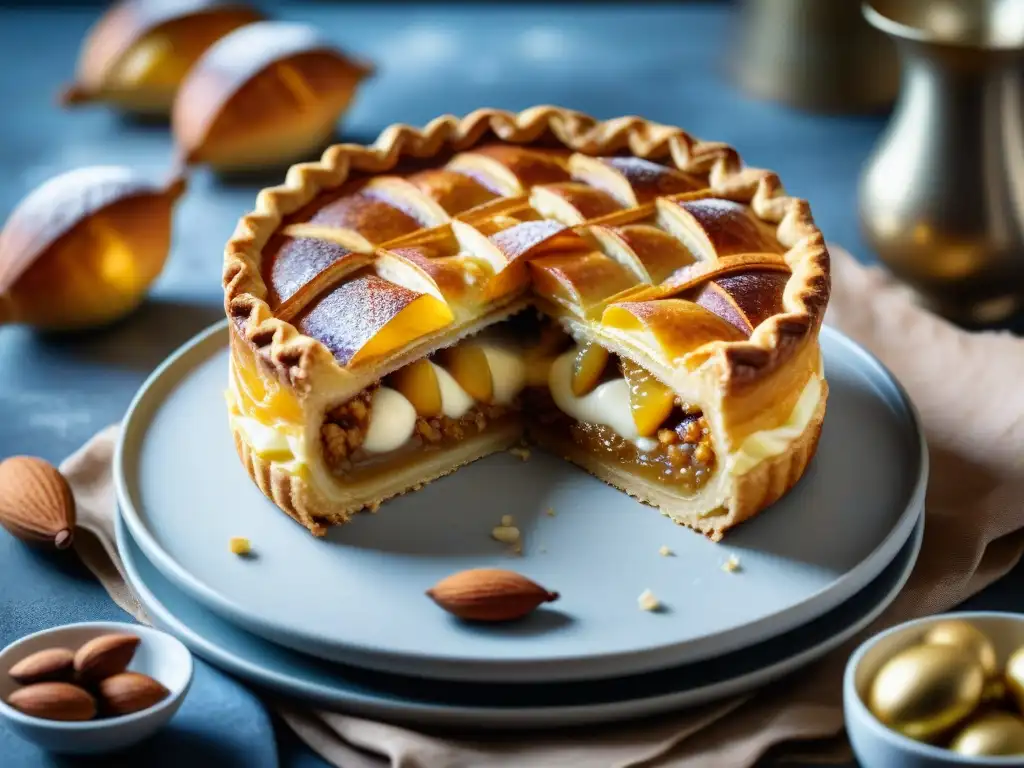 Una Galette des Rois tradicional de Francia, con capas de hojaldre dorado y relleno de crema de almendra