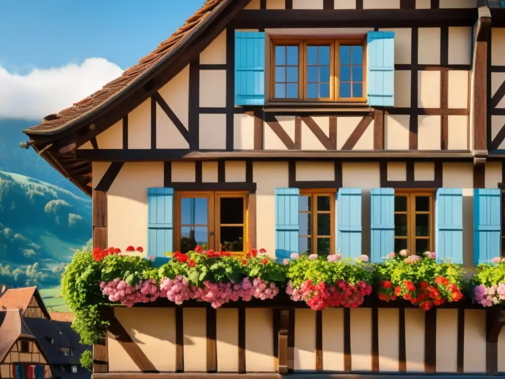 Una casa tradicional en Alsacia, Francia, rodeada de geranios coloridos y paisajes verdes