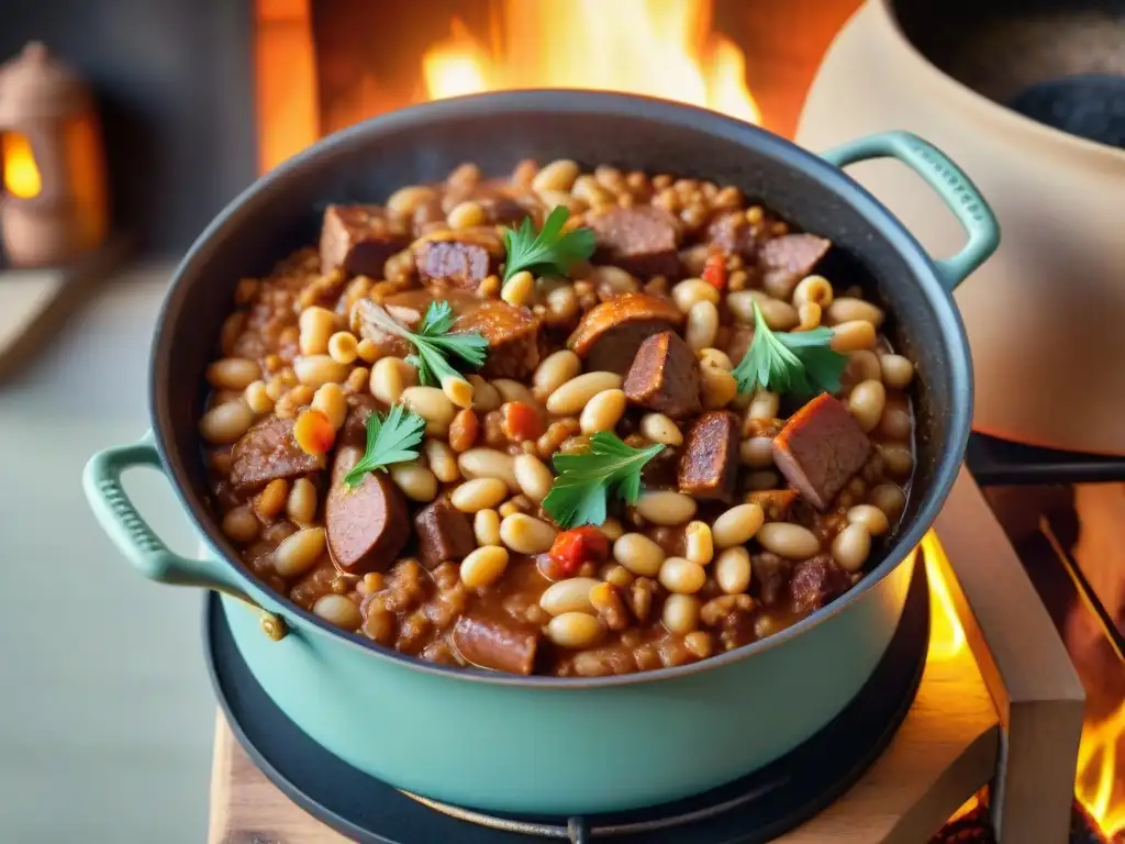 Un cassoulet tradicional francés cocinándose lentamente sobre fuego abierto en olla de barro rústica