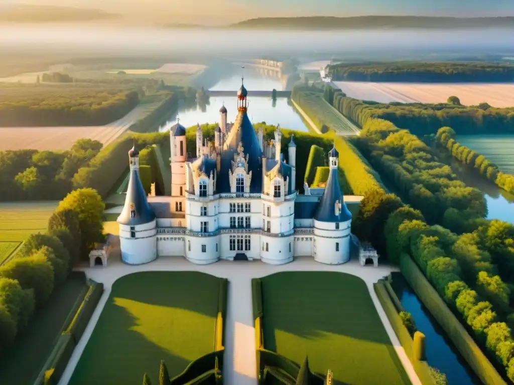 Castillo de Chambord al atardecer rodeado de viñedos en el Valle del Loira, con globos aerostáticos y la gastronomía francesa Loira castillos vinos