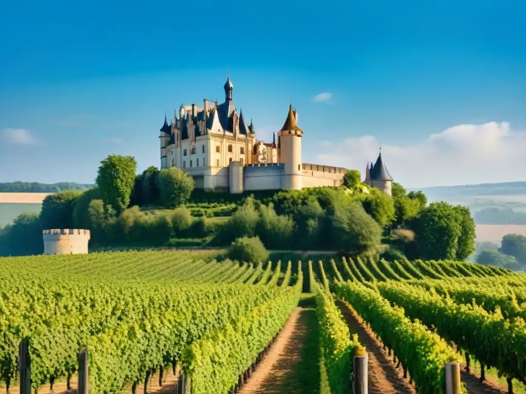 Un castillo dorado se alza entre viñedos en el Valle del Loira, Francia, mientras un sumiller sirve vino