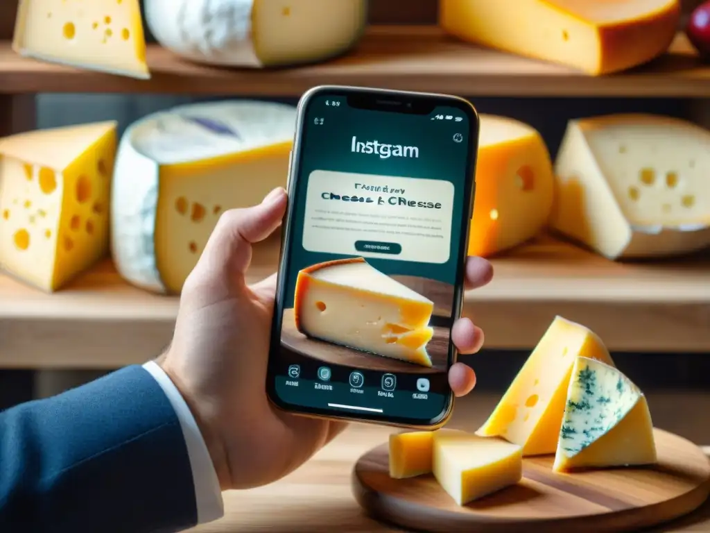 Cata quesos franceses móvil: Detalles de la app de cata de quesos con descripciones y maridajes, en un ambiente sofisticado y tecnológico