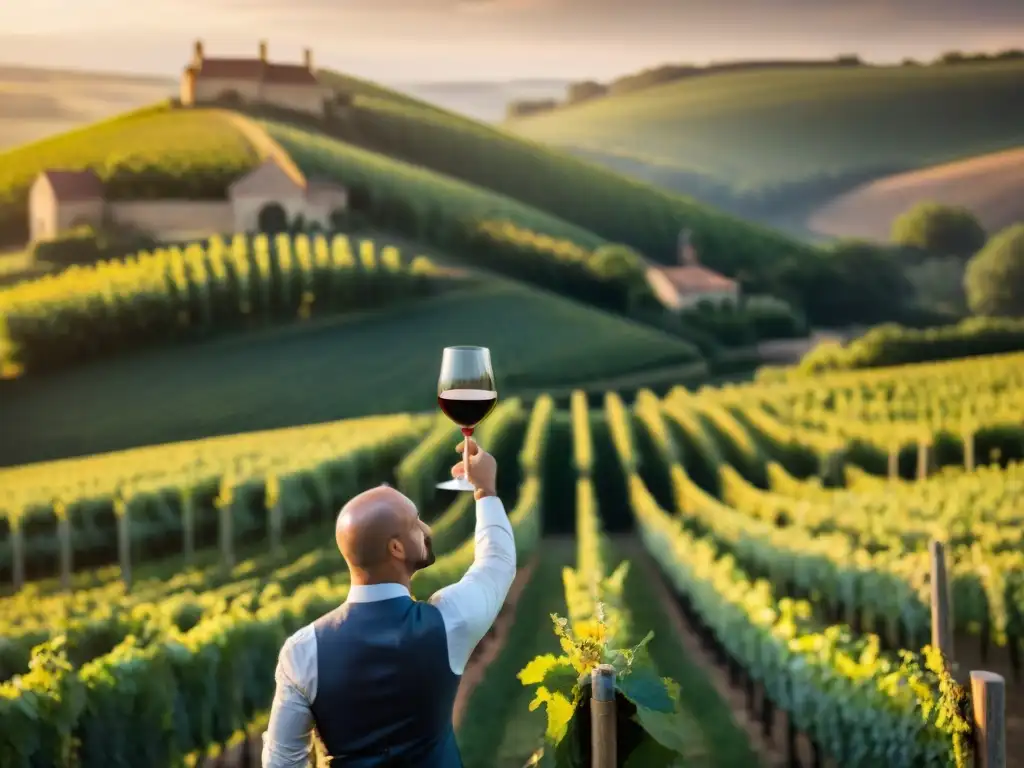 Cata de vinos de Borgoña en viñedo al atardecer, con sommelier examinando copa de vino tinto