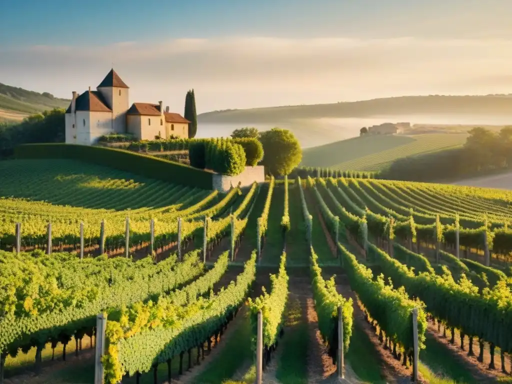 Cata de vinos en Francia: Viñedo dorado al atardecer con uvas maduras y un château de piedra al fondo, transmitiendo tradición y tranquilidad