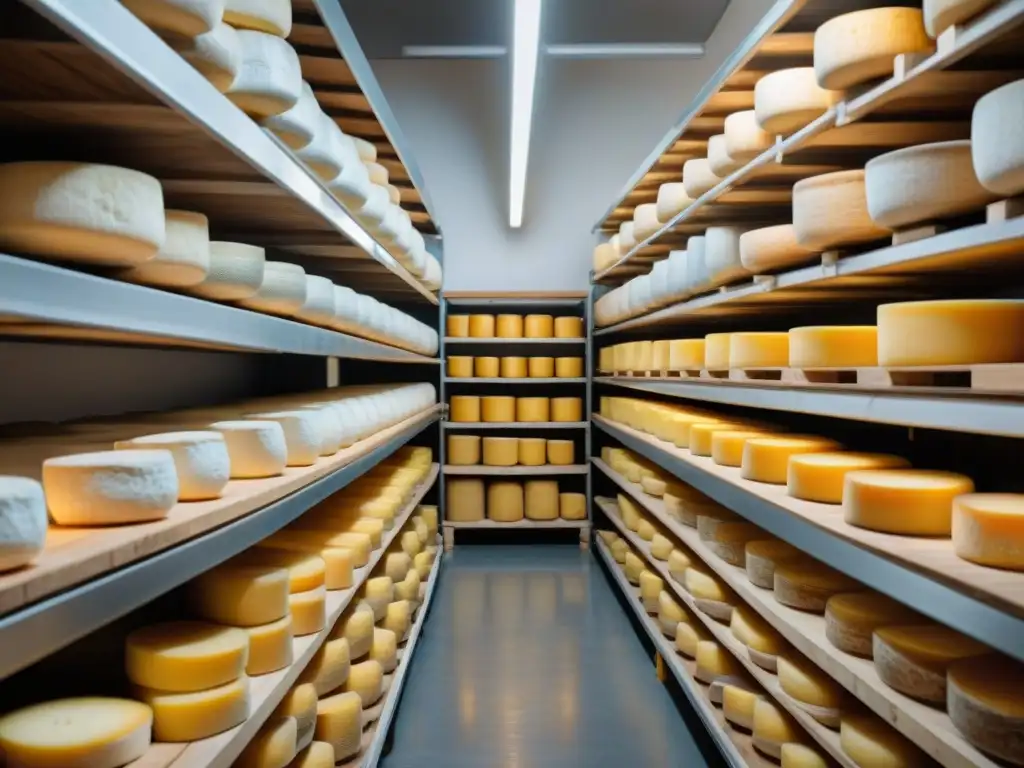 Un cautivador almacén de queso en Francia con innovaciones en la maduración del queso francés, resaltando la fusión entre tradición y tecnología