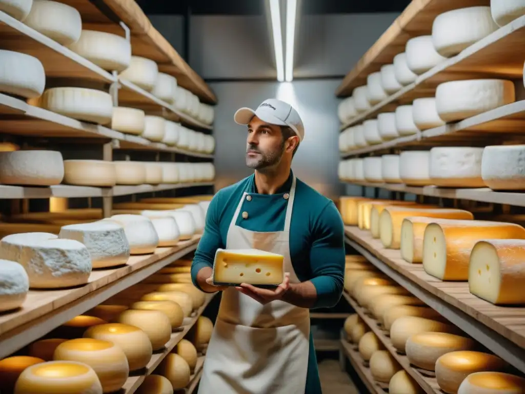 Una cava de quesos franceses tradicionales con ruedas de queso envejecido, mostrando historia y evolución