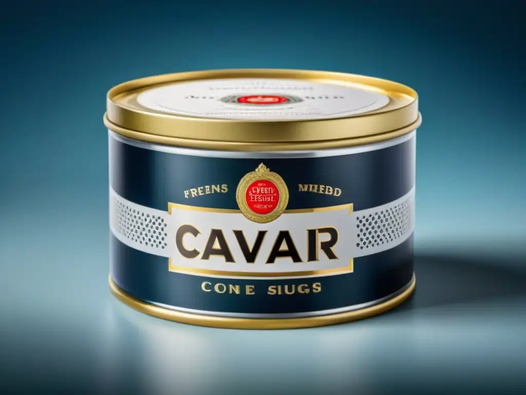 Compra caviar francés online: lujoso envase de caviar francés con detalles intrincados y elegante etiqueta