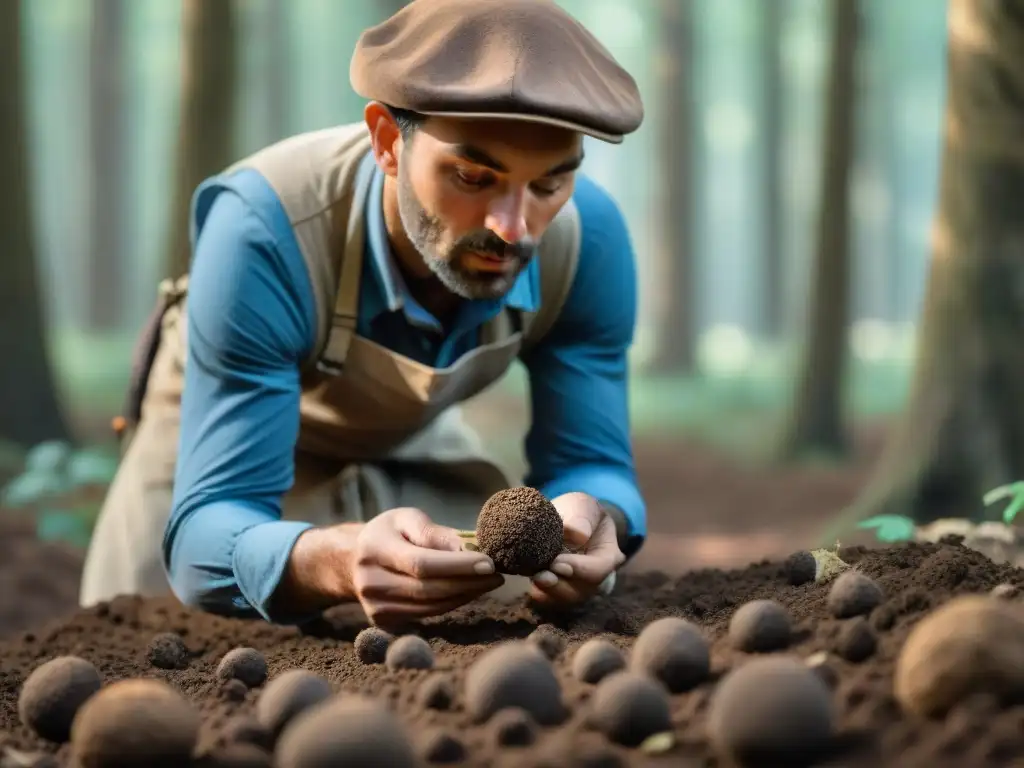 Un cazador de trufas francés desentierra con destreza una rara trufa negra de Perigord, creando una escena mágica en el bosque