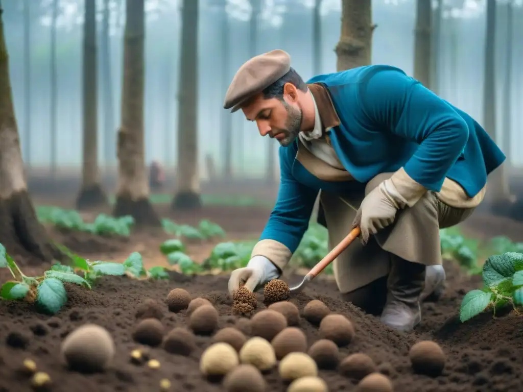 Un cazador de trufas francés desenterrando una rara trufa en un bosque, rodeado de una atmósfera mística