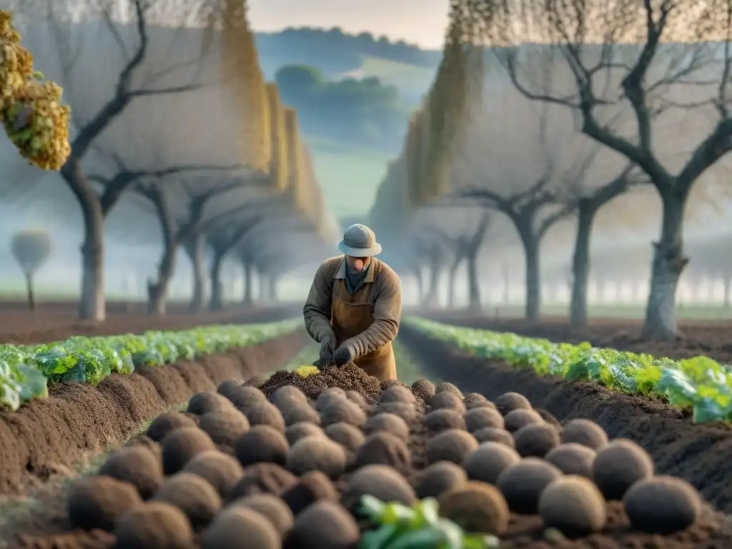 Un cazador de trufas francés y su perro extraen una trufa negra en un hermoso campo de trufas en las colinas de la Provenza