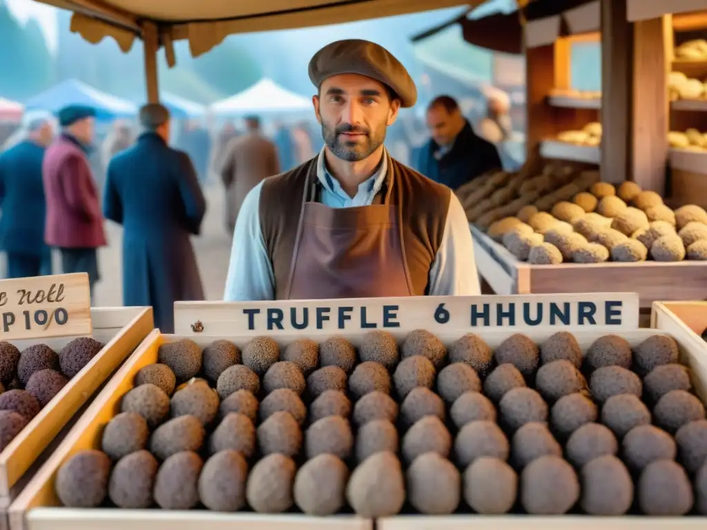 Un cazador de trufas en Francia muestra su preciado hallazgo a clientes intrigados en un bullicioso mercado