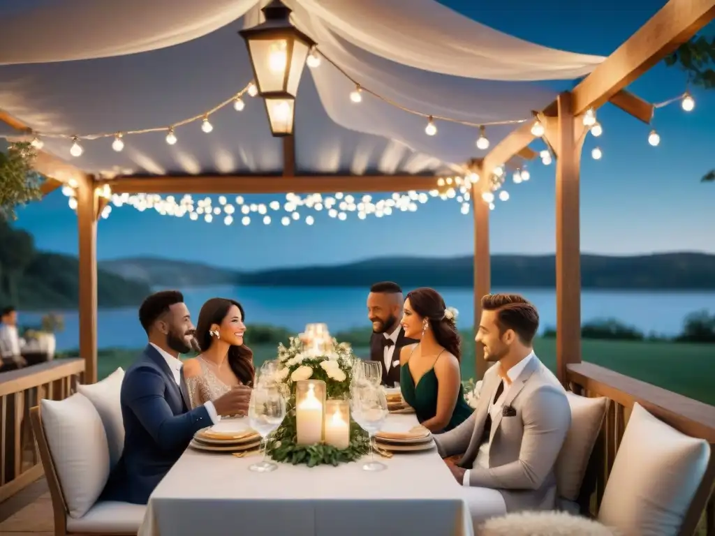 Una celebración elegante al aire libre con exquisita comida francesa, rodeada de luces de hadas y una atmósfera mágica