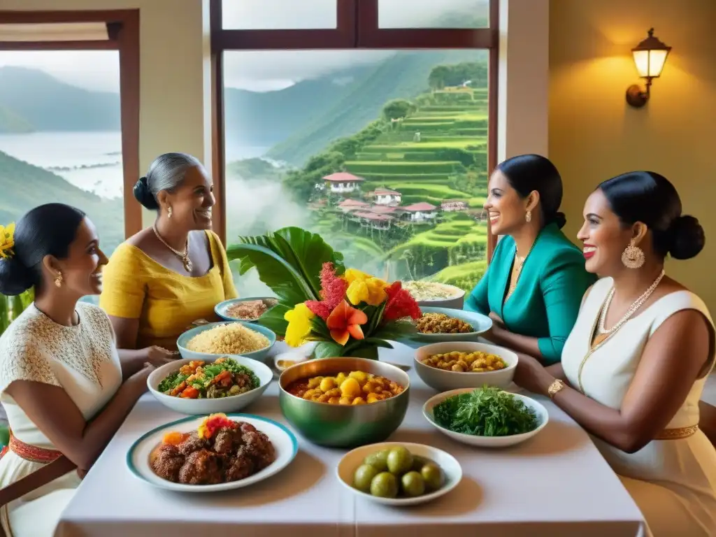 Celebración de herencia cultural en Reunión: familia disfruta de cari y rougail en festiva mesa adornada con flores tropicales