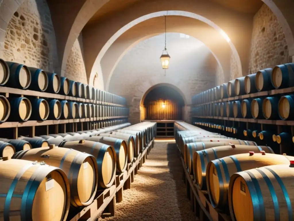 Cellar de bodega francesa con vinos blancos premiados en fila, barriles de madera al fondo y aura de tradición