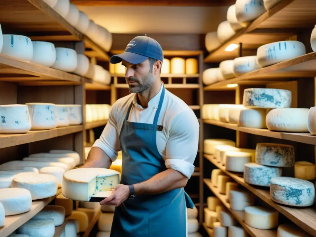 Un cellar de quesos azules franceses evolución envejecidos con amor, envueltos en papel blanco, bañados por luz natural