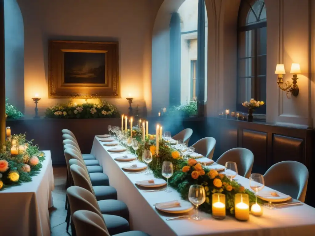 Una cena clandestina en Francia: mesas elegantes, luz tenue, comensales elegantes y chefs preparando exquisitos platos franceses