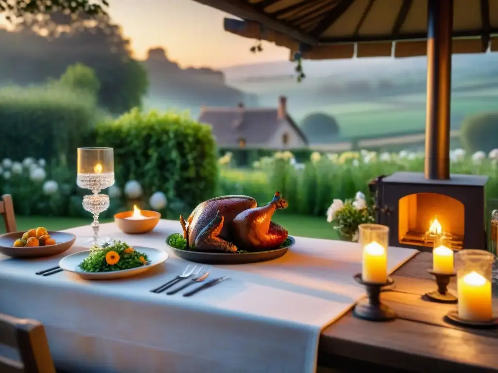 Cena PopUp de gastronomía francesa en jardín secreto con chef preparando Coq au Vin al atardecer