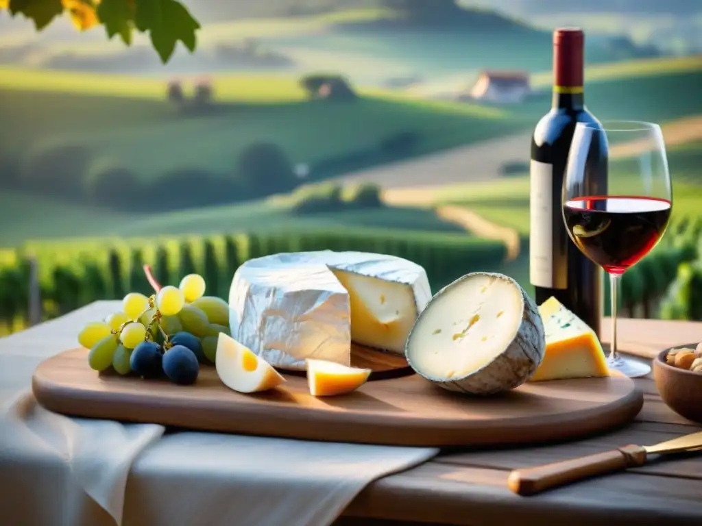 Una cena de maridaje de vinos y quesos franceses en una mesa rústica con velas