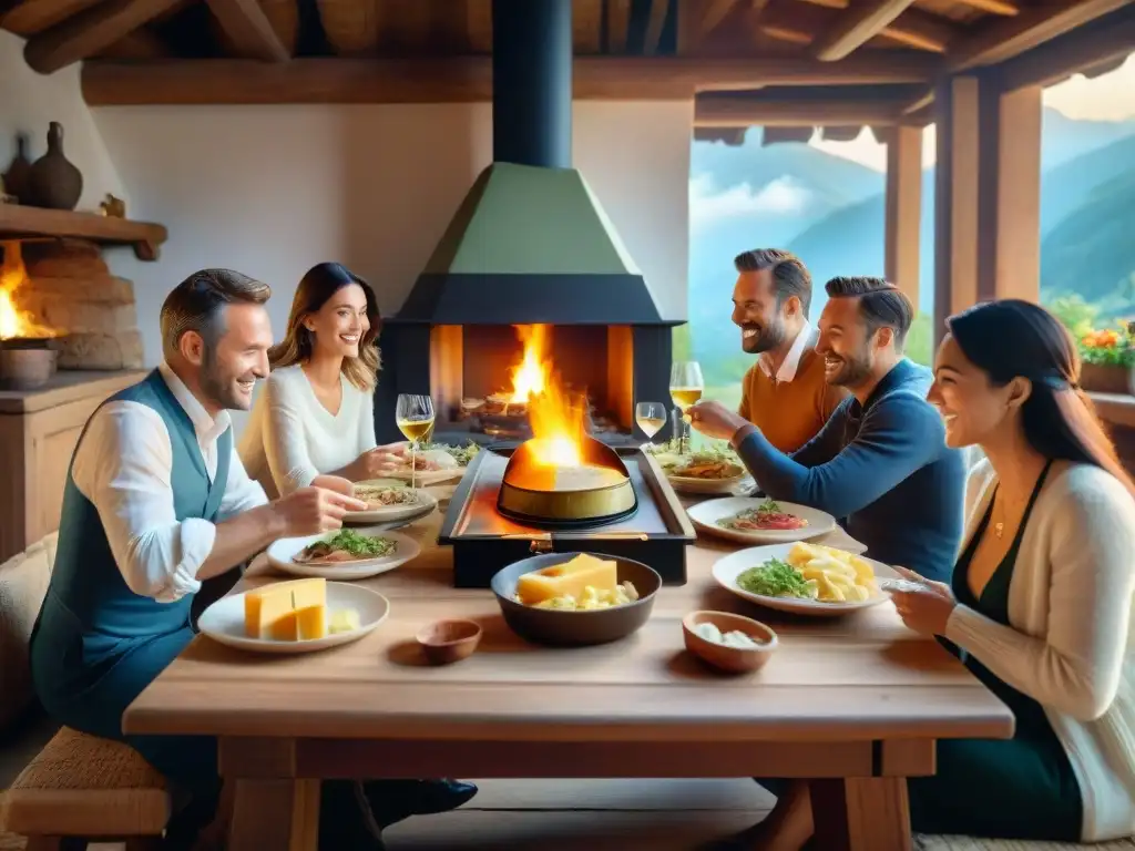 Una cena de Raclette en RódanoAlpes: amigos y familia disfrutan del queso derretido en un ambiente cálido y acogedor