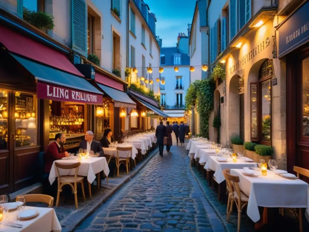 Cenas PopUp gastronomía francesa en un callejón adoquinado iluminado en París