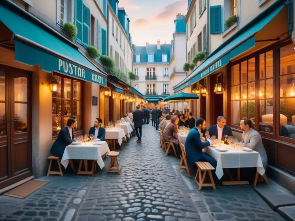 Cenas PopUp gastronomía francesa en una encantadora calle empedrada de París, iluminada por luces cálidas y bistros parisinos