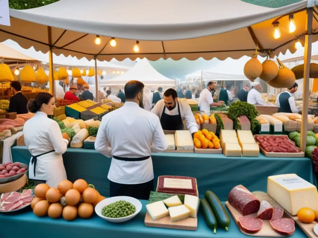 Cenas PopUp gastronomía francesa: Mercado francés bullicioso con puestos coloridos de productos frescos y chefs conversando