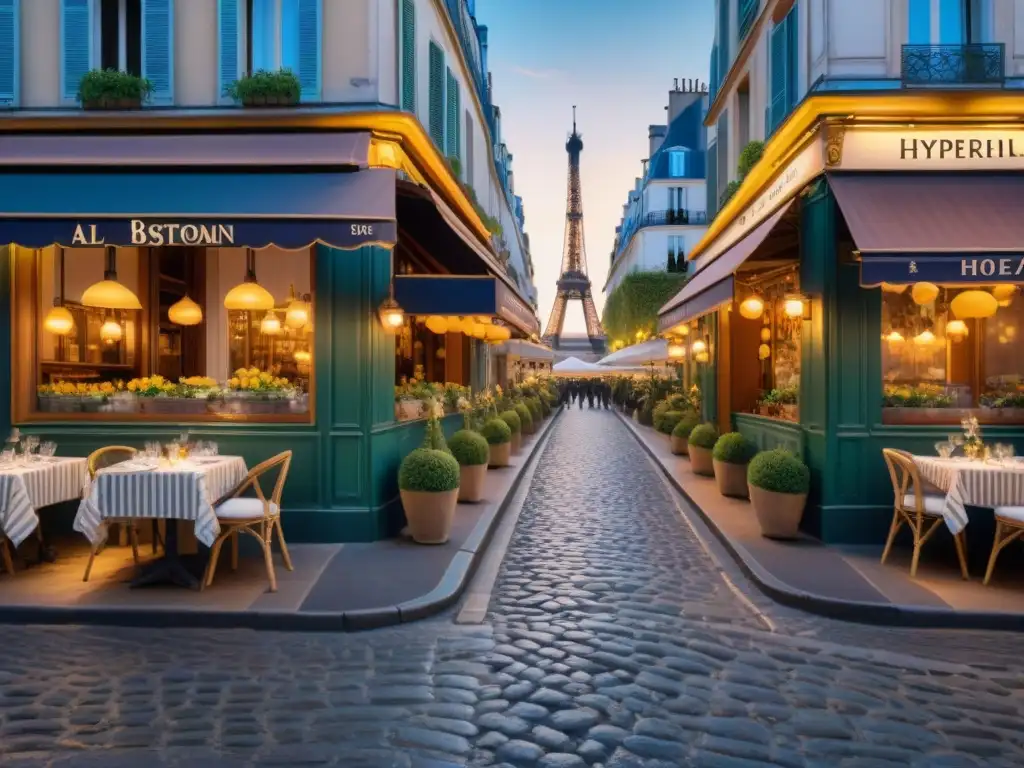 Cenas temáticas francesas innovadoras en encantadora calle parisina al atardecer con la Torre Eiffel al fondo