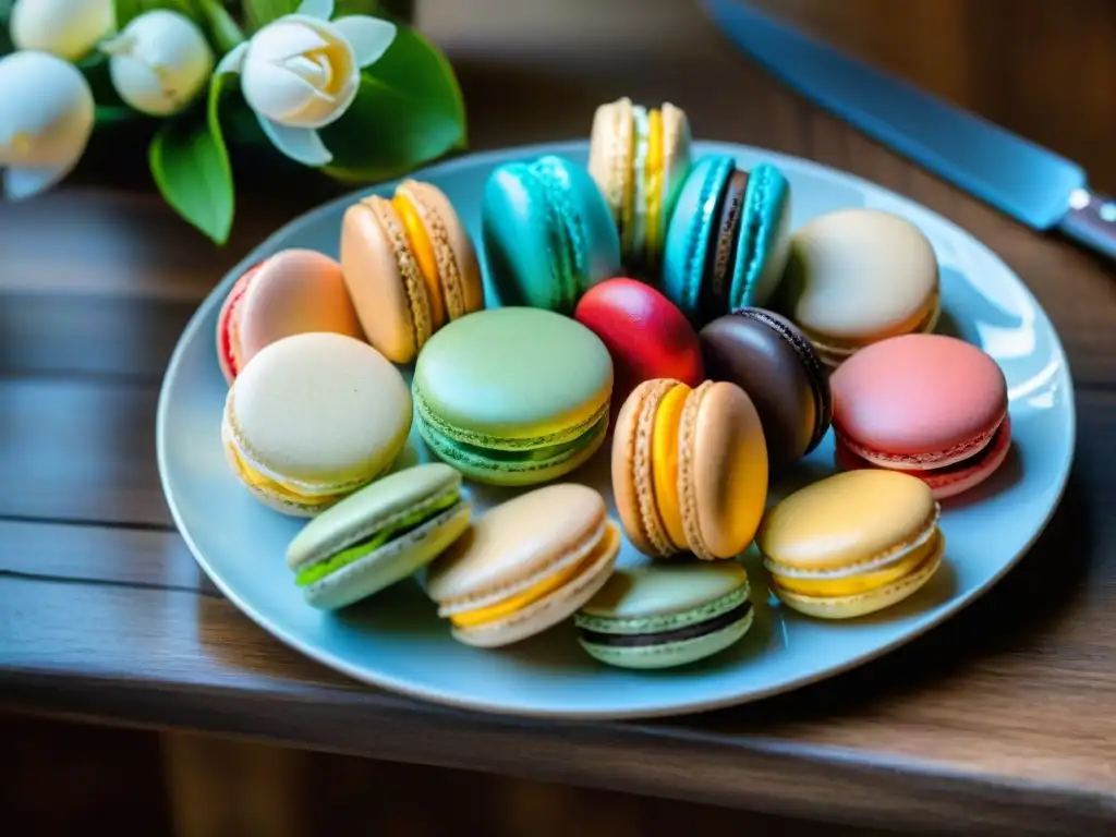 Centro de mesa comestible francés con macarons, pastelería, frutas y flores en mesa de madera rústica iluminada