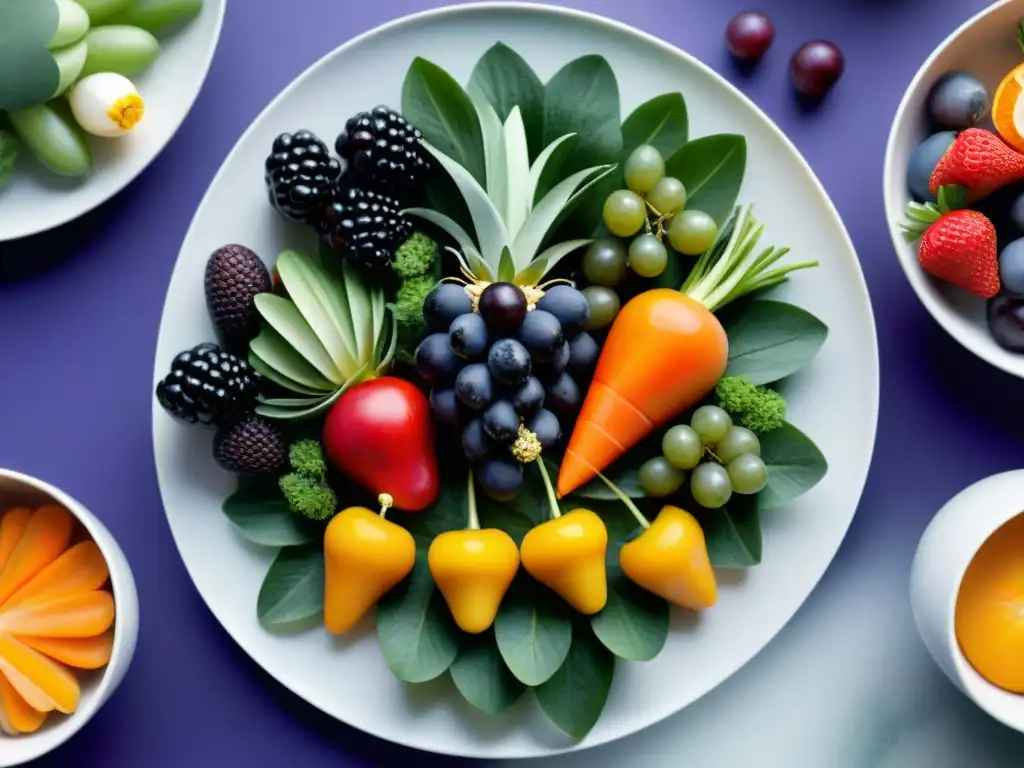 Centros de mesa comestibles francés con frutas, verduras y flores frescas en una exquisita armonía de colores y detalles