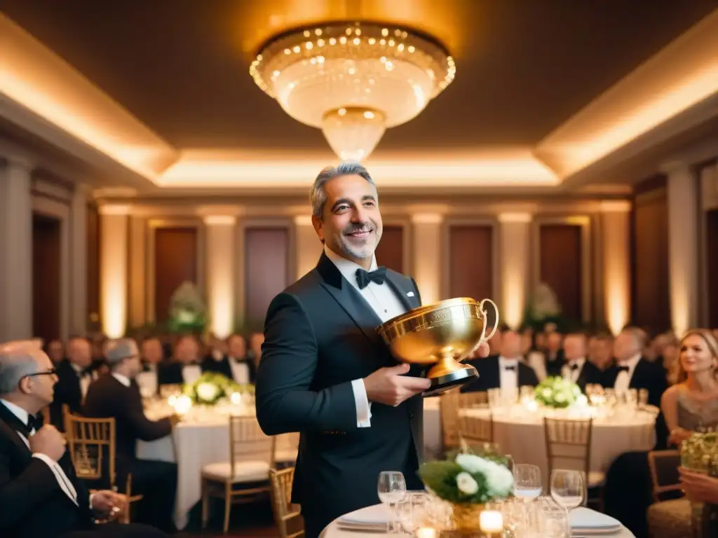 Guy Savoy en ceremonia de premios culinarios, rodeado de una audiencia elegante, muestra orgulloso su trofeo