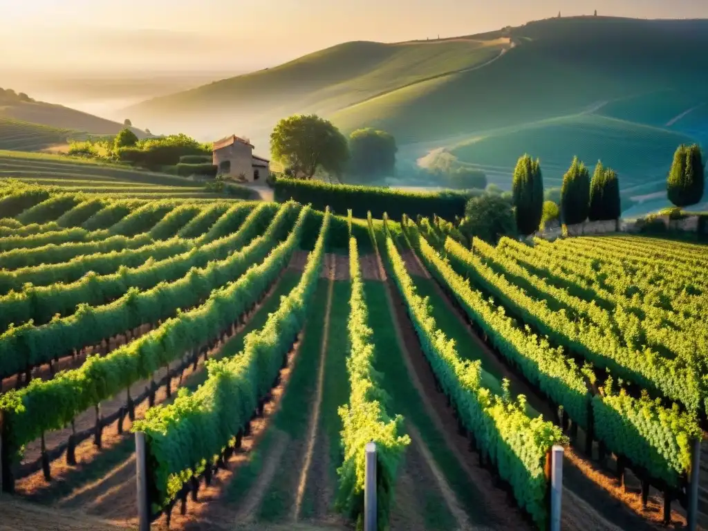 Certificaciones sostenibilidad agricultura francesa: Viñedo pintoresco al atardecer con agricultores en el campo