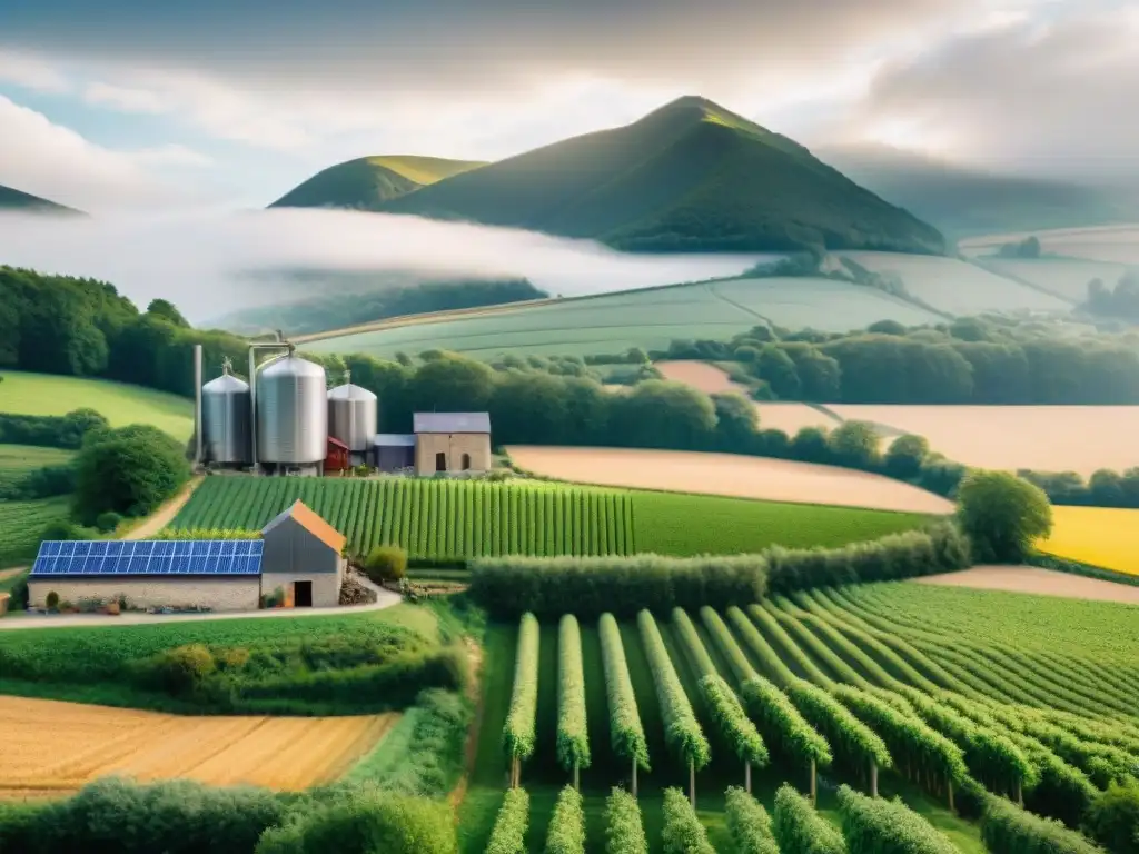 Una cervecería artesanal francesa sostenible en un idílico entorno rural con paneles solares, recolección de agua de lluvia y cultivos ecológicos