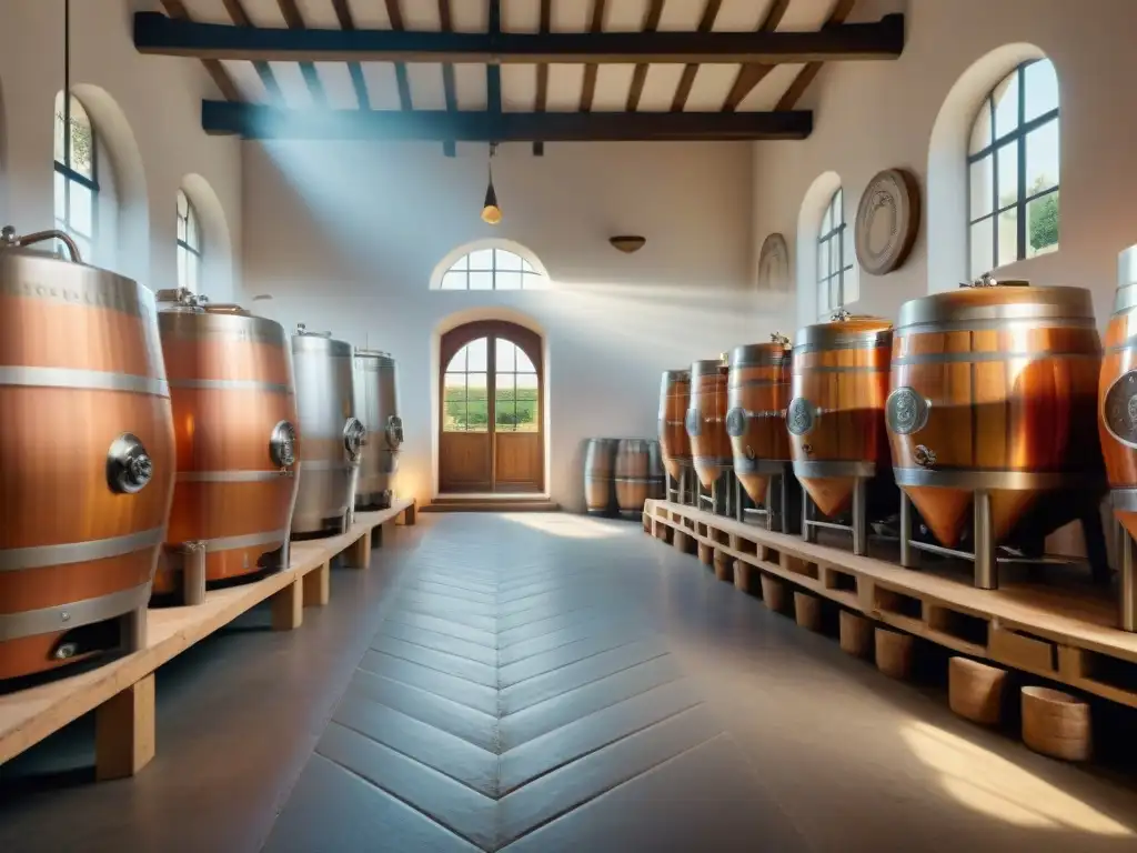 Una cervecería tradicional francesa con barriles de madera y maestro cervecero inspeccionando, reflejando el encanto de la cerveza artesanal francesa más popular