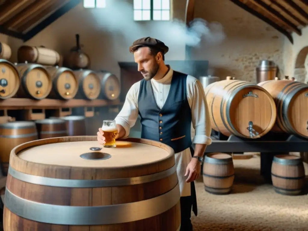 Una cervecería tradicional francesa en el campo, con viñedos y un cervecero inspeccionando barriles de cerveza artesanal