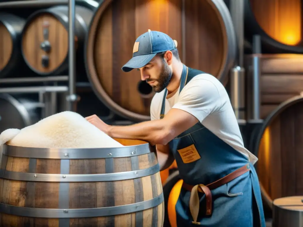 Un cervecero francés inspecciona con cuidado una pequeña partida de cerveza artesanal en un barril de madera rodeado de equipo vintage