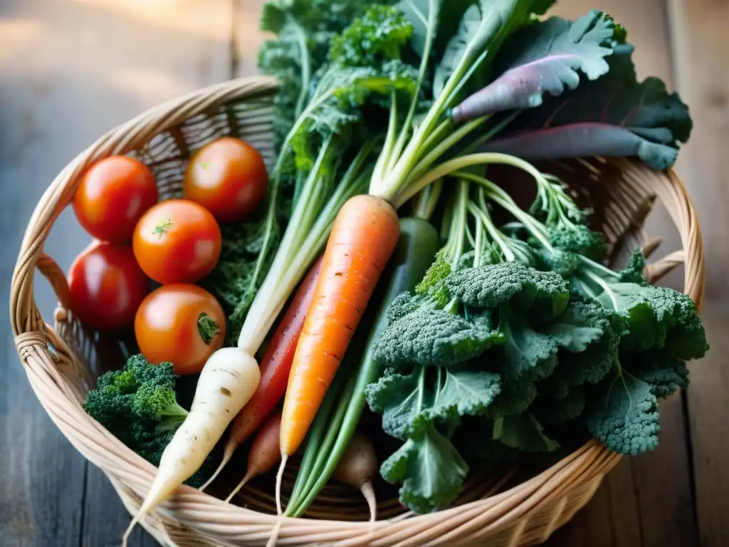 Una cesta vibrante de Verduras Normandía tesoro culinario, con zanahorias, papas, col rizada y tomates, bajo la luz dorada del sol naciente