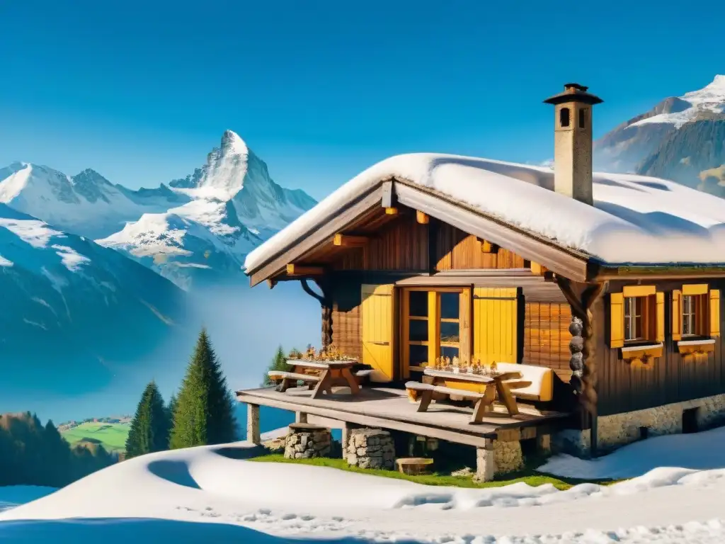 Chalet suizo en Alpes nevados con mesa de queso raclette tradición culinaria y paisaje alpino