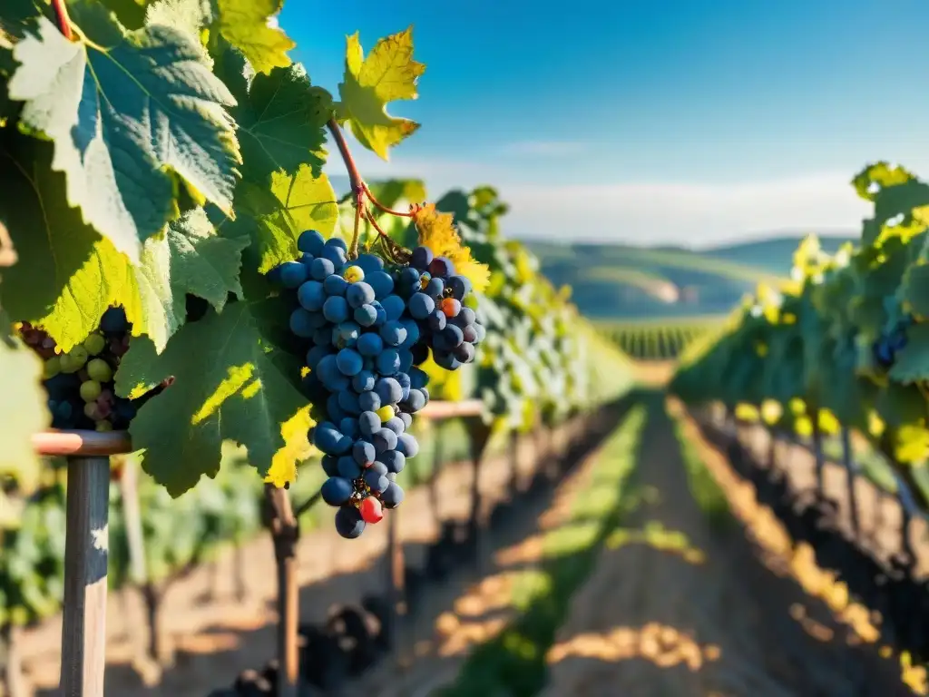 Producción Champagne clima cambio impacto: Detalle de viñedo con uvas maduras bajo cielo azul, reflejando belleza y fragilidad